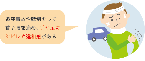 追突事故や転倒をして首や腰を痛め、手や足にシビレや違和感がある